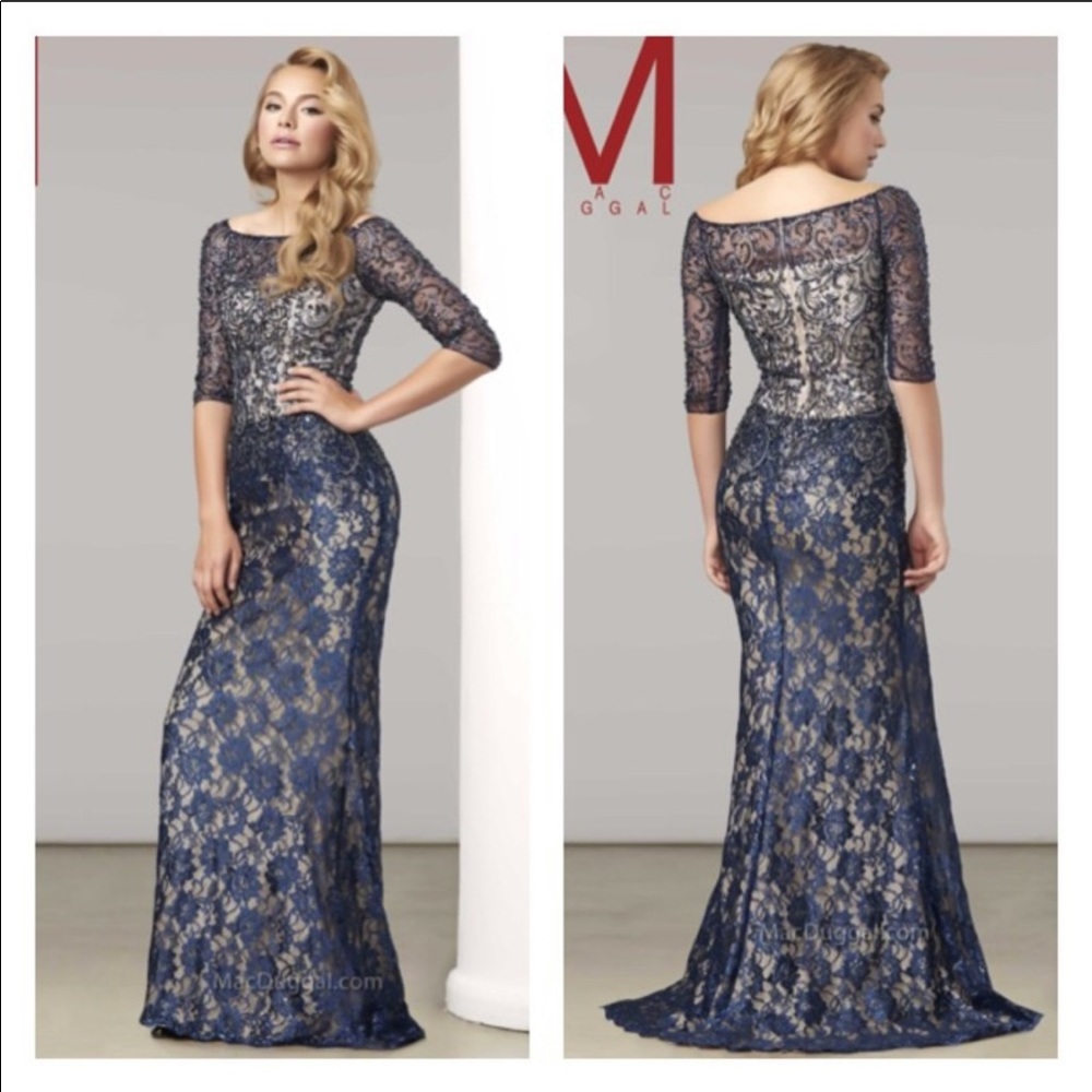 Mac Duggal couture blue sleeve lace gemstone gown
